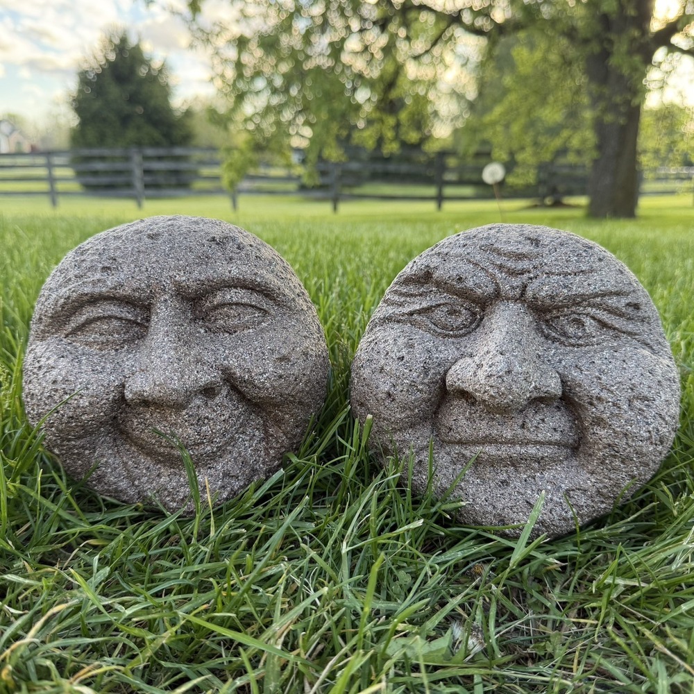Resin Faux Stone Garden Statue Figurines With A Smiling Happy Face Set